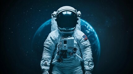 Fototapeta premium Exploring space astronaut on earth orbit digital artwork cosmic environment front view science concept