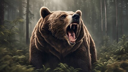 Furious Bear Snarling in a Dense Woodland Setting