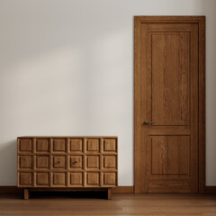 Interior with honey wood dresser, door, parquet floor and white blank wall. 3d render illustration mockup.