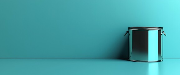 Metal paint can on teal background.