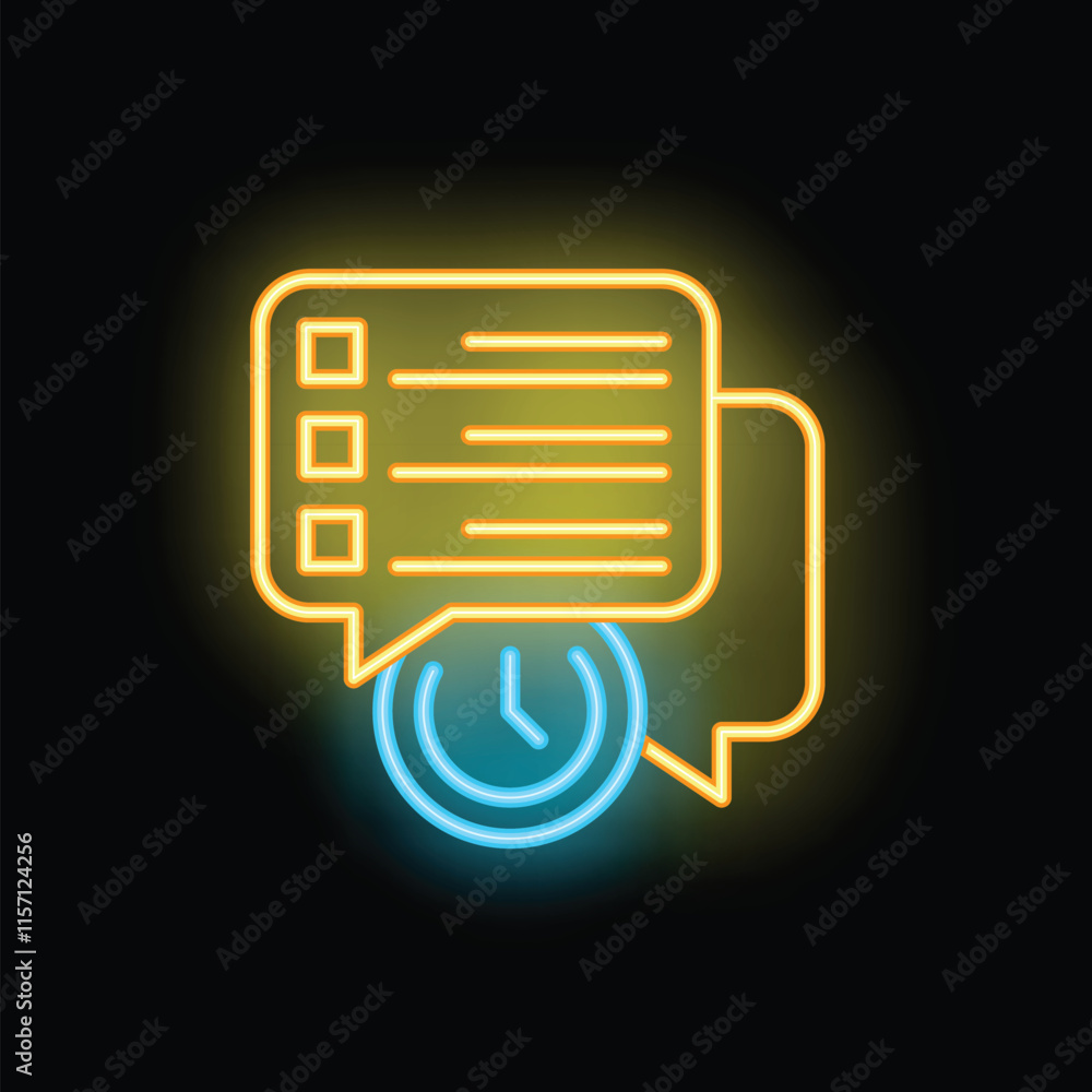 Poster neon sign showing speech bubbles and a clock, representing online communication and task management