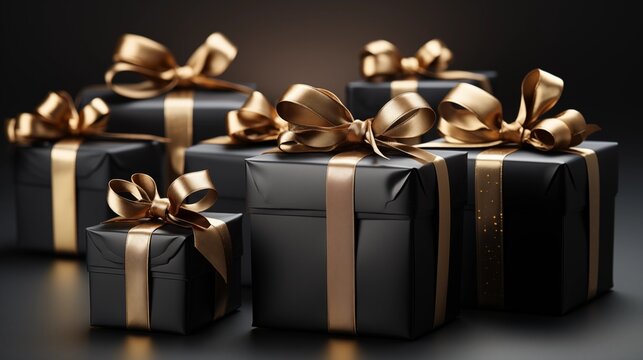 A Black gift boxes on a black background with white royal solid background. - Powered by Adobe