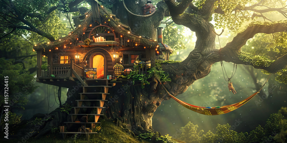 Poster treehouse in forest setting with hammock