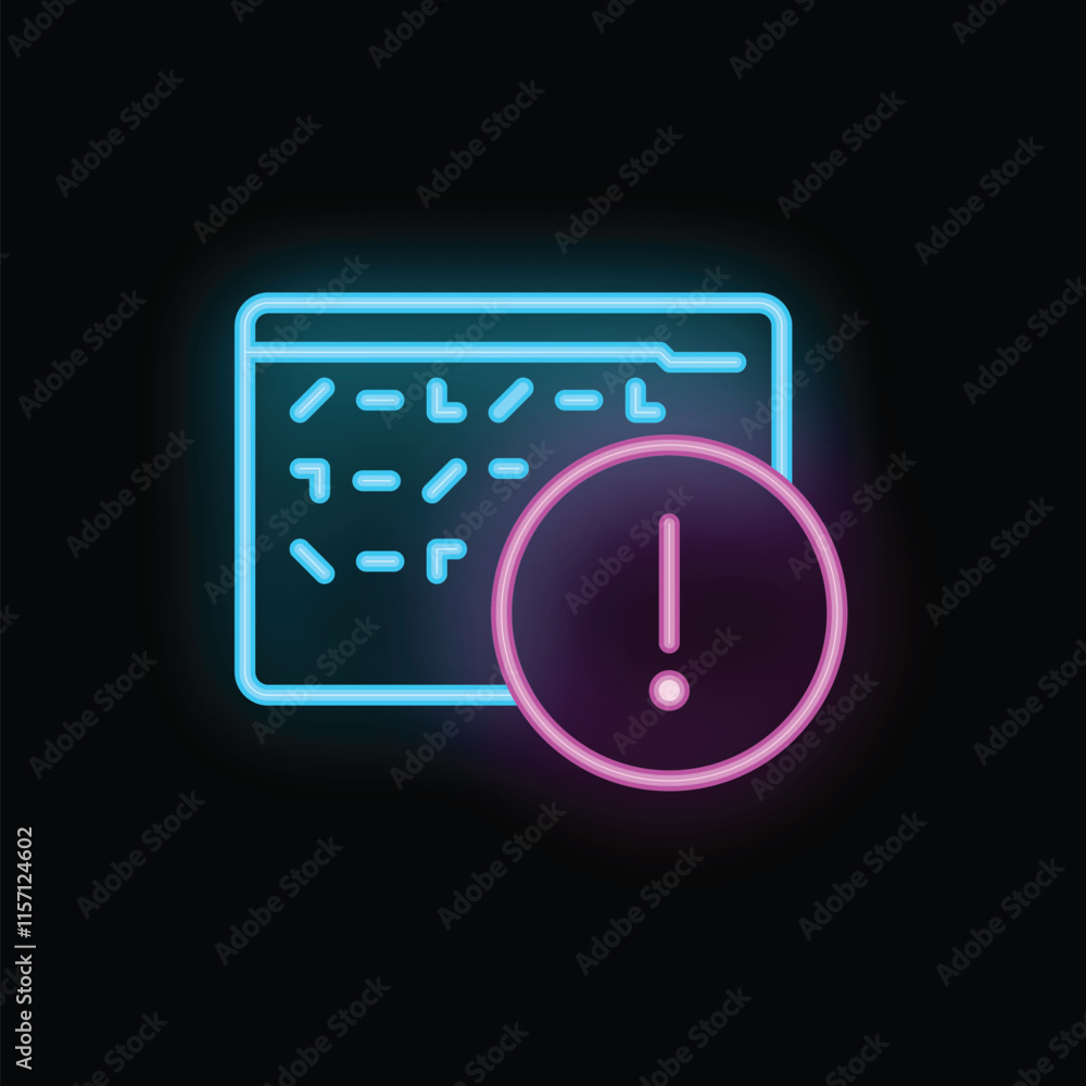 Poster neon icon of a warning sign appearing on a website interface with code, on a black background