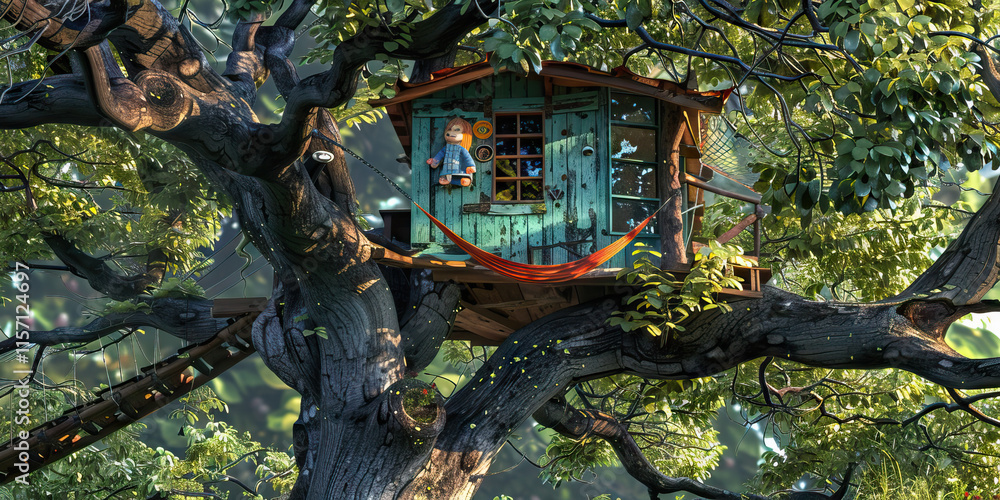 Poster digital rendering of treehouse in leafy tree with hammock and doll