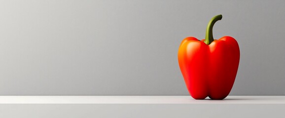 Single red bell pepper on white shelf against gray background.