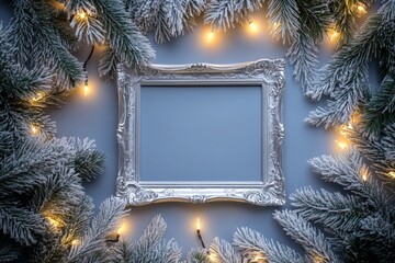 A beautifully ornate silver frame is set amidst a snowy evergreen landscape, surrounded by warm glowing lights that evoke a cozy and festive winter atmosphere.