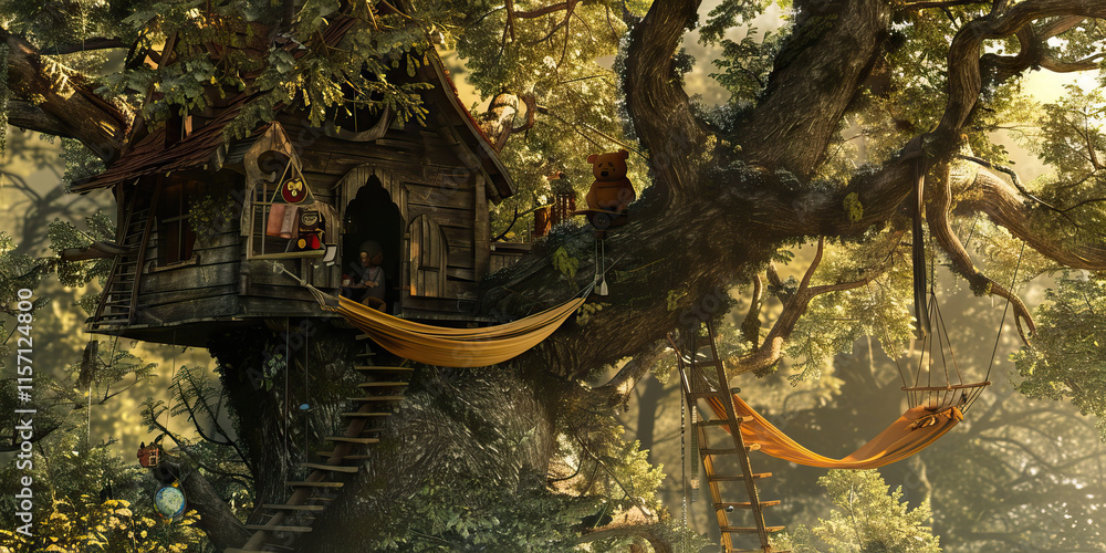 Poster treehouse in forest setting with hammocks and teddy bear
