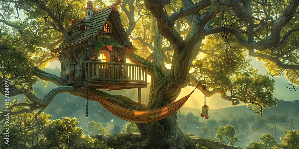 Fototapete treehouse in large tree with hammock and forest background