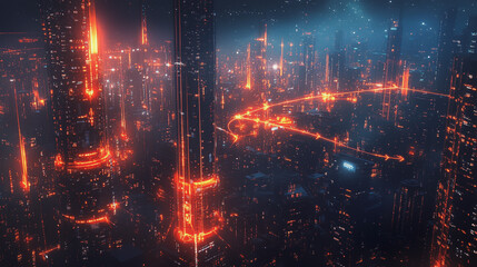 Obraz premium Smart digital Innovation city with connection network reciprocity over the cityscape. of future smart wireless digital city and social media networking systems that connects people with in city