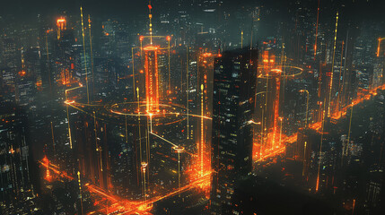 Fototapeta premium Smart digital Innovation city with connection network reciprocity over the cityscape. of future smart wireless digital city and social media networking systems that connects people with in city