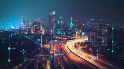 Fototapeta premium Smart digital Innovation city with connection network reciprocity over the cityscape. of future smart wireless digital city and social media networking systems that connects people with in city