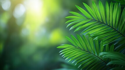 Obraz premium Lush green palm leaves in sunlight.