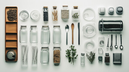 Professional Flat Lay of Zero-Waste Glass Containers, Styled for a Brand Advertisement