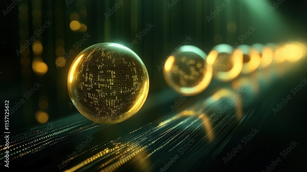 Aufkleber Glowing Golden Spheres with Digital Patterns Reflecting Light Against a Dark Background in a Futuristic Abstract Scene