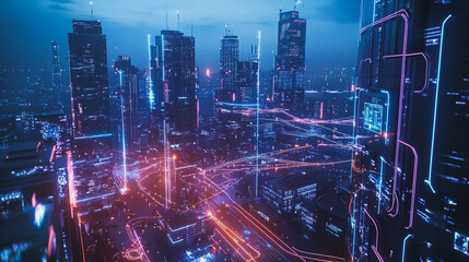 Fototapeta premium Smart digital Innovation city with connection network reciprocity over the cityscape. of future smart wireless digital city and social media networking systems that connects people with in city