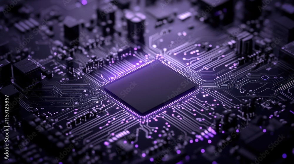 Poster Detailed close-up view of a complex microchip on a circuit board illuminated by soft purple light showcasing intricate electronic components and pathways