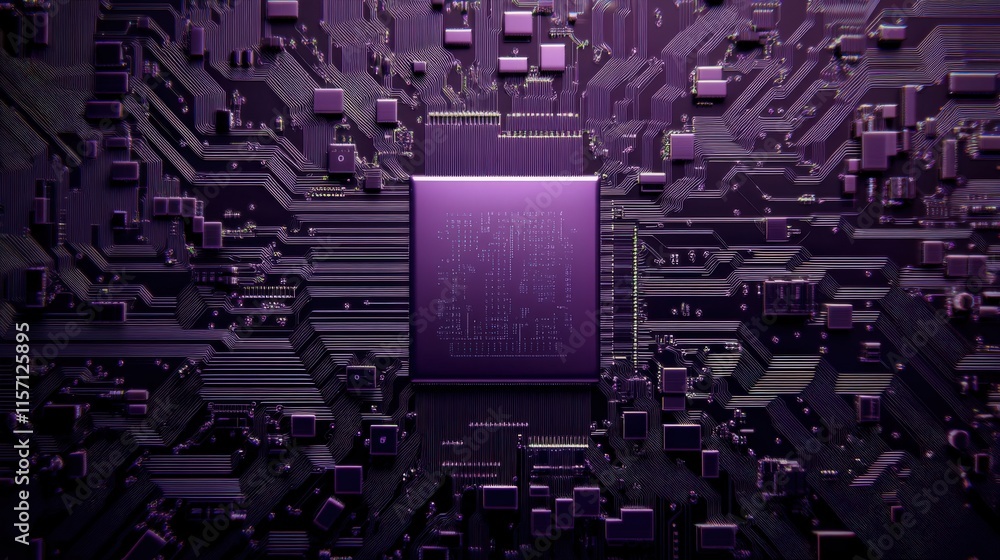 Poster Abstract representation of a modern microchip with intricate purple circuit patterns, showcasing technological advancements and digital innovation in electronics