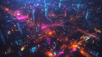 Fototapeta premium Smart digital Innovation city with connection network reciprocity over the cityscape. of future smart wireless digital city and social media networking systems that connects people with in city