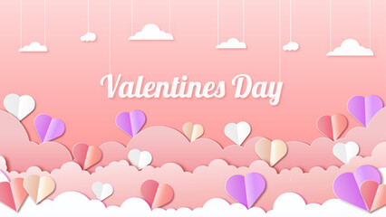 Valentine's Day design featuring paper-cut clouds and love-themed decorations.