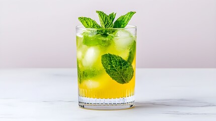 Refreshing Minty Cocktail with Ice and Garnish in Clear Glass