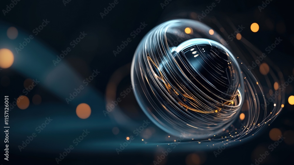 Poster Abstract design with glowing sphere and dynamic light trails, showcasing energy and motion in a dark background for creative visual inspiration and innovation.