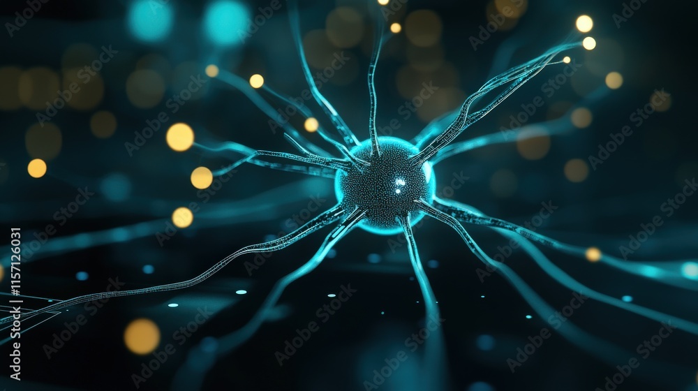 Aufkleber Abstract illustration of a glowing neural cell with intricate connections representing neural networks, technology, and the foundations of artificial intelligence and brain activity