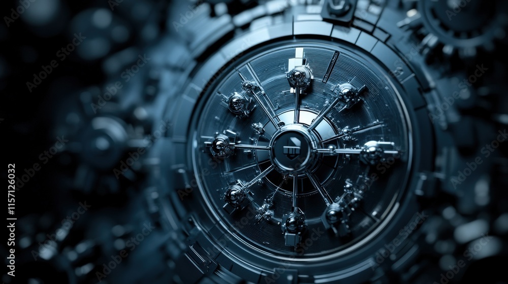 Poster Abstract futuristic mechanical design featuring intricate gears and components in a circular formation, showcasing advanced technology and complex structures in dark tones