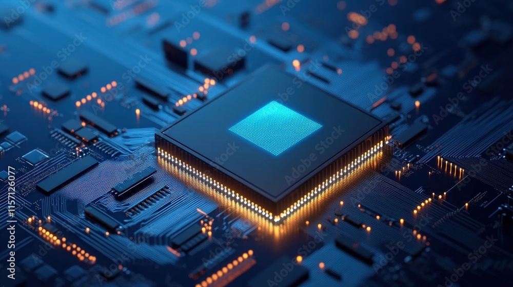 Poster Close-up View of a Modern Microprocessor on a Circuit Board with Glowing Lights and Intricate Patterns in a High-Tech Digital Environment