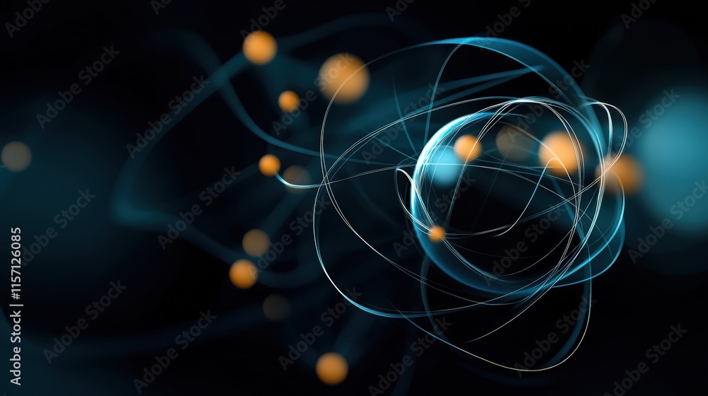 Poster Abstract representation of scientific concepts featuring glowing particles and dynamic lines illustrating energy, motion, and connectivity in a dark background
