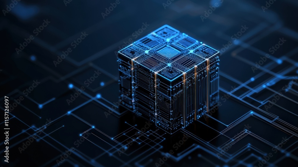 Fototapete abstract digital cube with glowing circuits and connections, representing technology, innovation, an