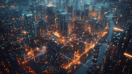 Fototapeta premium Smart digital Innovation city with connection network reciprocity over the cityscape. of future smart wireless digital city and social media networking systems that connects people with in city