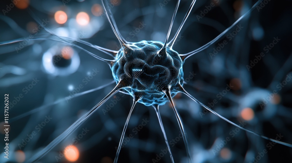 Poster Intricate Neural Network Visualization Featuring a Single Neuron Surrounded by Glowing Synapses and Connecting Axons in a Dynamic Scientific Environment