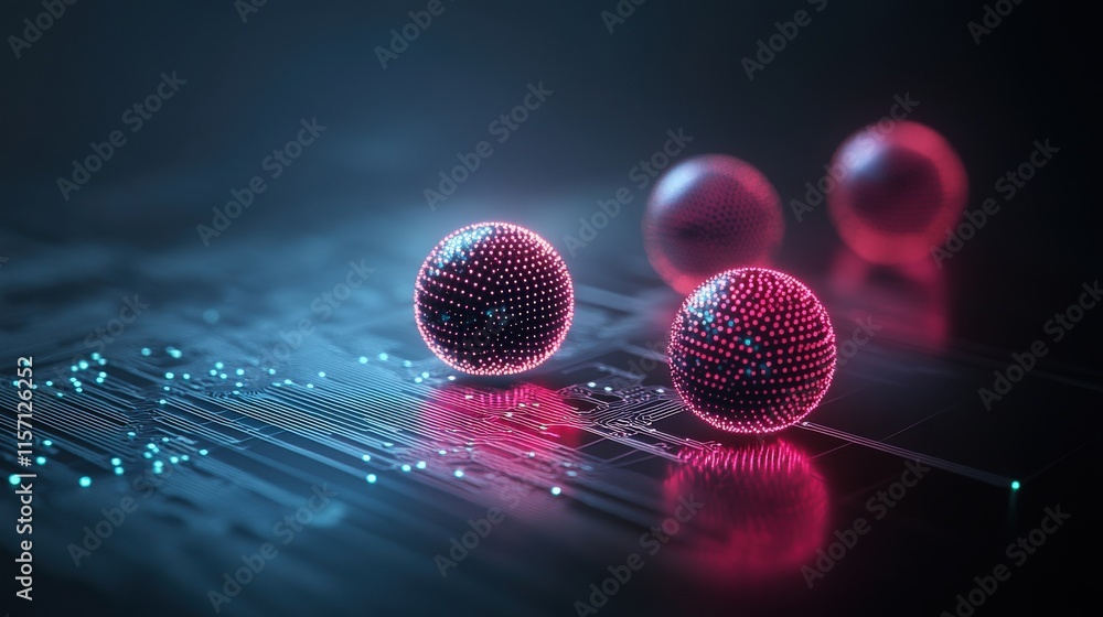 Poster Futuristic Abstract Background with Digital Circuits Featuring Glowing Spheres in Neon Pink and Blue, Ideal for Technology and Innovation Concepts