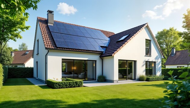 Modern single-family house in Germany with solar panels on roof. Eco-friendly home with green energy. Stylish design. Residential property in quiet suburb. Sustainable construction for eco-living.