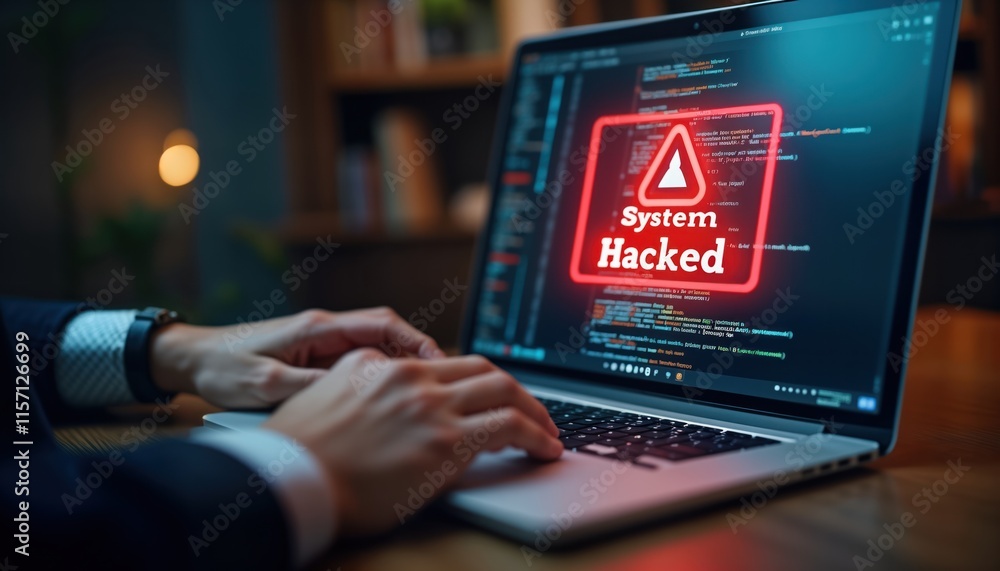 Aufkleber Businessperson checks system vulnerability on laptop. Red alert message System Hacked appears on screen. Person typing on laptop keyboard in dark office. Tech expert examines breached network.