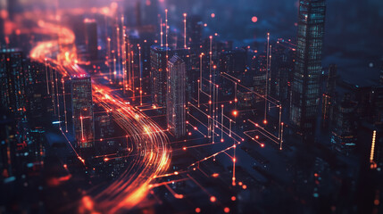 Obraz premium Smart digital Innovation city with connection network reciprocity over the cityscape. of future smart wireless digital city and social media networking systems that connects people with in city