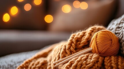 Obraz premium A close-up of knitting needles and a half-finished wool scarf on a cozy couch.