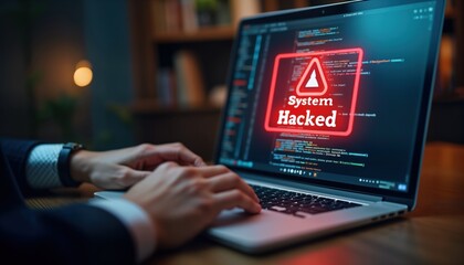 Businessperson checks system vulnerability on laptop. Red alert message System Hacked appears on...