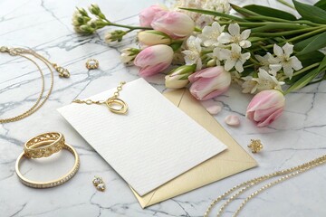 Blank mockup template of an invitation card placed on a marble surface with gold jewelry and fresh flowers – ideal for event planners, wedding designers.