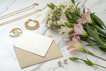 Blank mockup template of an invitation card placed on a marble surface with gold jewelry and fresh flowers – ideal for event planners, wedding designers.