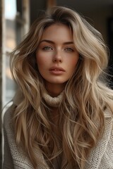 Fototapeta premium A girl 28 years old with long voluminous blonde hair.