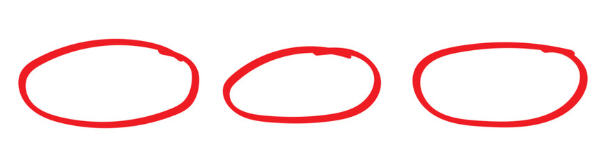 Red circle, pen draw. Highlight hand drawing different circles isolated on background. Handwritten red circle. For marking text, numbers, marker pen, pencil, logo and text check, vector illustration