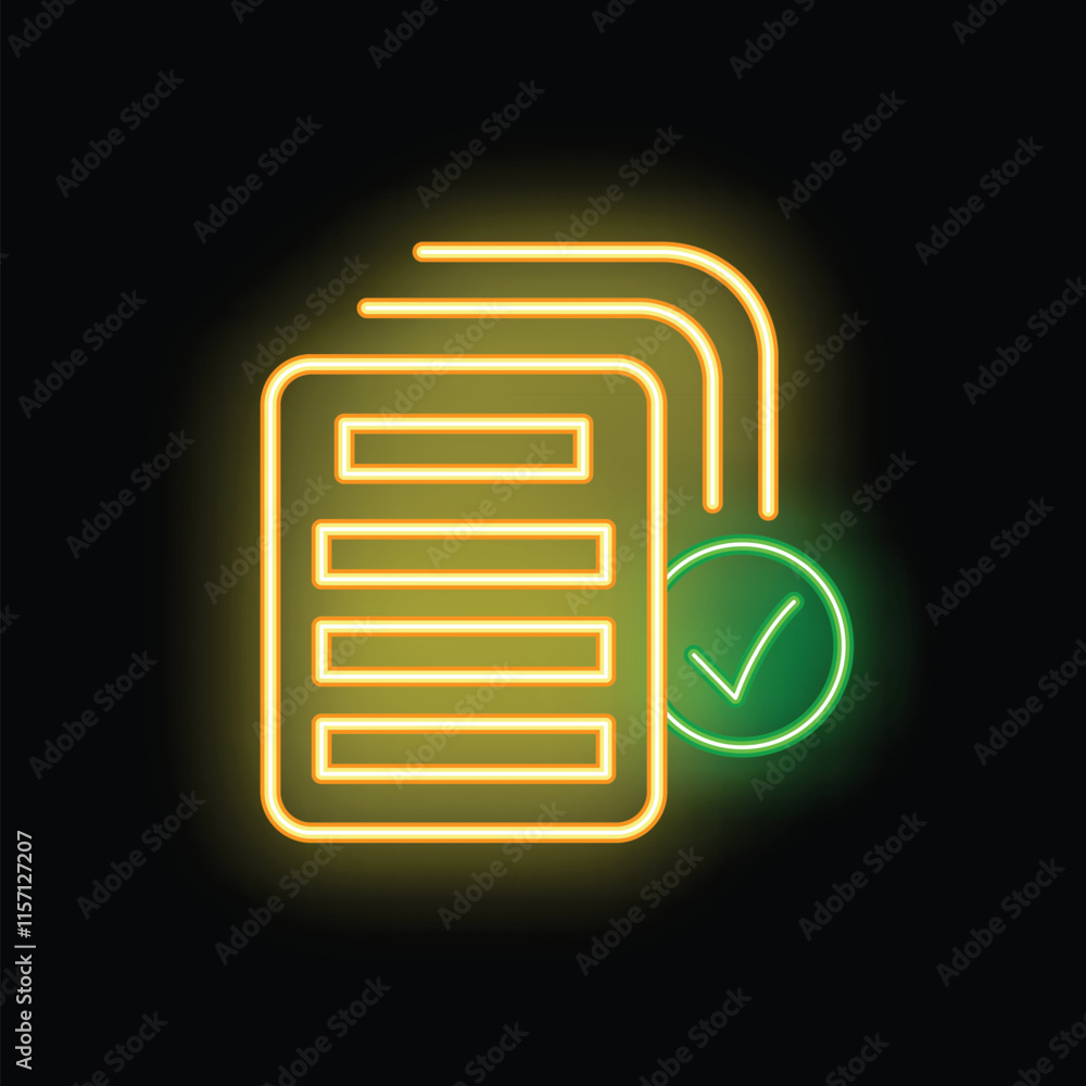 Poster glowing neon icon representing a stack of documents with a validation symbol, ideal for topics like 
