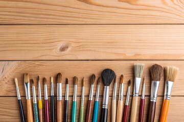 Fototapeta premium Artist's brushes on a wooden background viewed from above – ideal for art enthusiasts, painters, or businesses in the creative and art supplies industry.