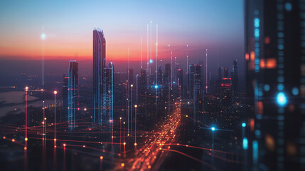 Fototapeta premium Smart digital Innovation city with connection network reciprocity over the cityscape. of future smart wireless digital city and social media networking systems that connects people with in city