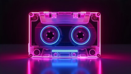 Neon-colored cassette tape illuminated with vibrant pink and blue neon lights, combining retro and futuristic aesthetic
