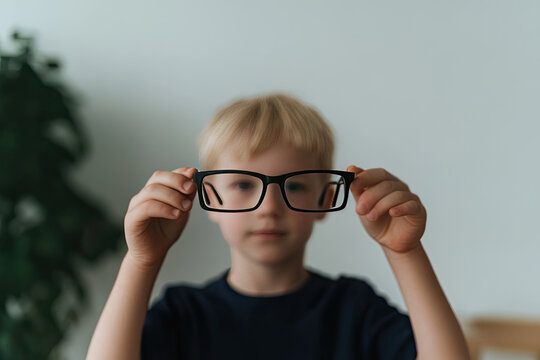 Blond boy holding eyeglasses in front of face