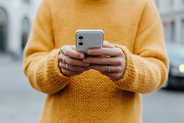 Man wearing yellow sweater using smartphone on city street