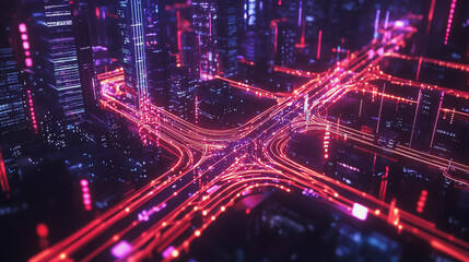 Fototapeta premium Smart digital Innovation city with connection network reciprocity over the cityscape. of future smart wireless digital city and social media networking systems that connects people with in city